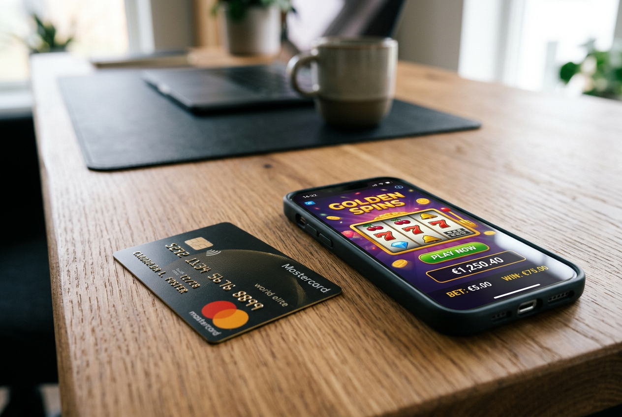 Mastercard card on a desk next to a smartphone showing a casino interface