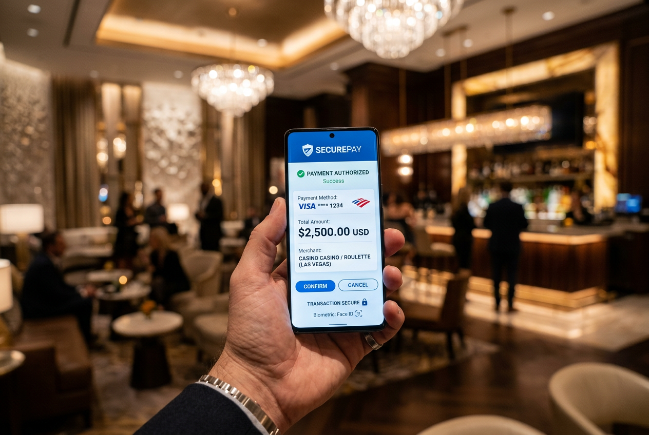 Ένα smartphone που δείχνει την εφαρμογή Payz σε ένα πολυτελές περιβάλλον.
